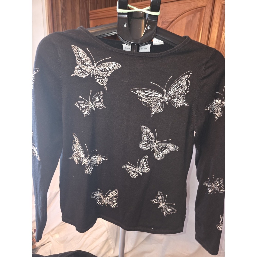 marisa christina Butterfly  Sweater. Black With White Butterflies. Size L.18-20"